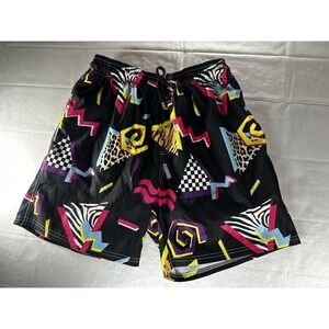 80s 90s Retro Style Geometric Swim Trunks Men's Size Small Black Neon Shorts